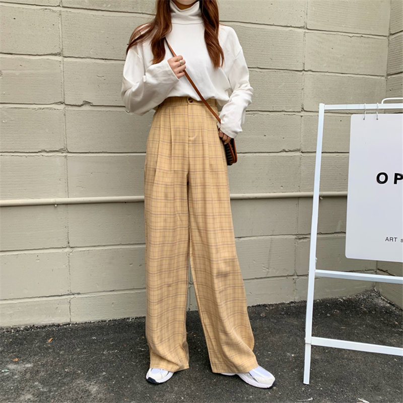 Korean Plaid Straight Casual Geometric Trousers Elegant Leisure Women Slim Brief Stretwear Loose Female Pants 210421
