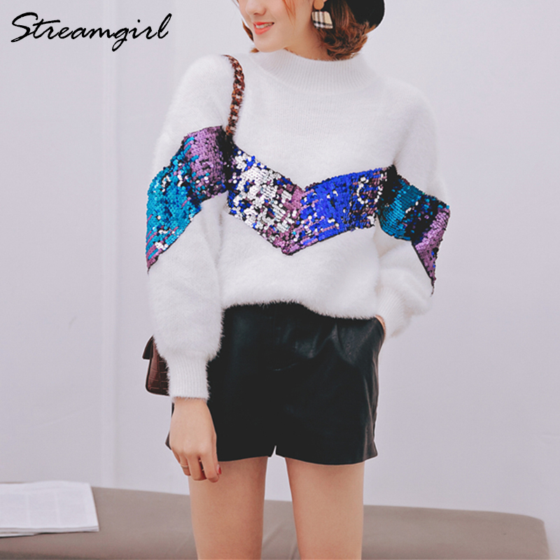 Mohair Sweater With Sequins Women White Turtleneck Sweater Pullover Sweaters Women Sweters Patch Thick Winter Warm Sweaters 210421