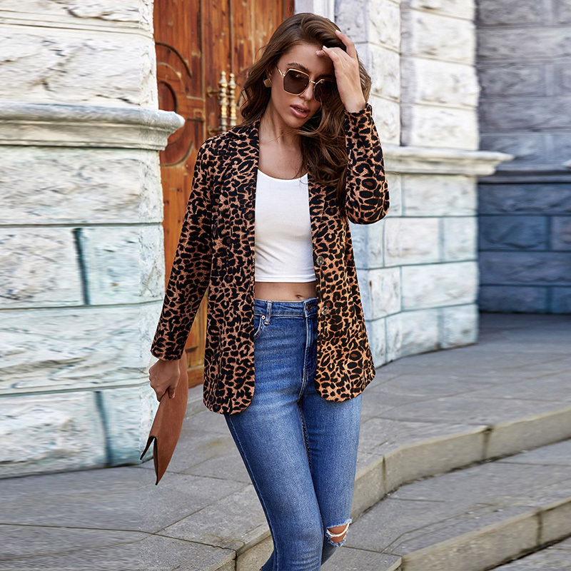 Elegant Leopard Print Blazers Jacket Women Autumn Winter Turn-down Collar Casual Slim Long Sleeve Button Cardigan Suit Coats 210522