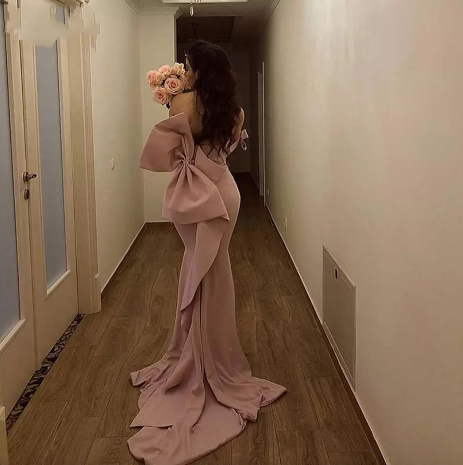 Nude Pink Big Bow Mermaid Maid Of Honor Elegant Off The Shoulder Long Bridesmaid Dresses Satin Wedding Guest Gowns L139 0509