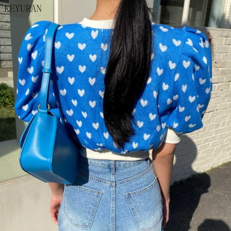 Korean Chic Love Heart Embroidery Cardigan Crop Top Knitted Hit Color Coat Summer Puff Short Sleeve O-neck Knitwear 211014