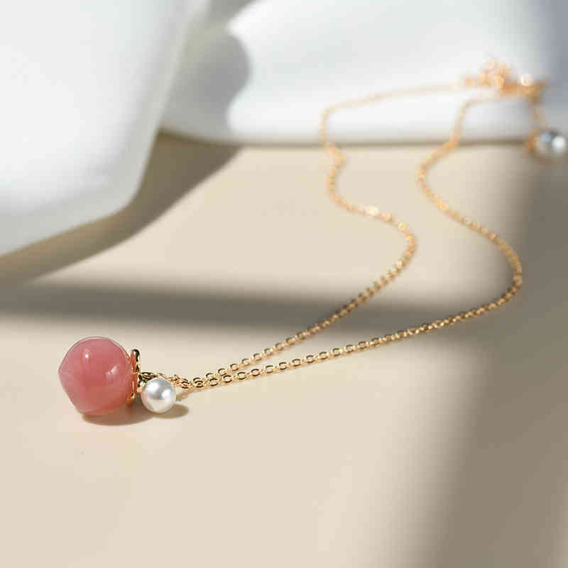 Korean Style Peach Red Agate Nectarine Necklace Pearl 925 Silver Tiktok Clavicle Chain Tide