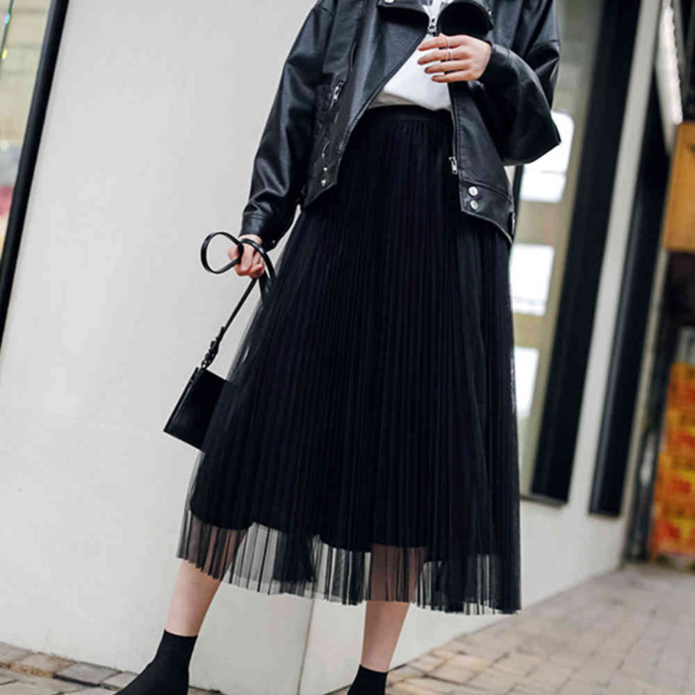 Gothic Style Lace Long Skirt Elegant Mesh Pleated A Line Korean Chic All-match Midi s High Waist 210428