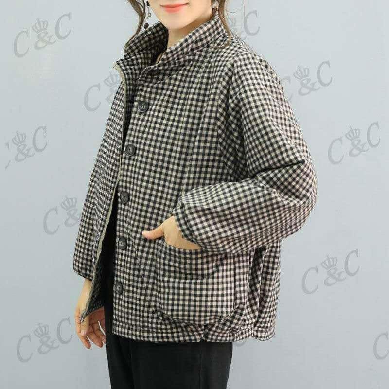 Autumn Winter Arts Style Women Stand Collar Cotton Plaid Short Coats Loose Casual Single Breasted Thicken Jackets Big Size M496 210512