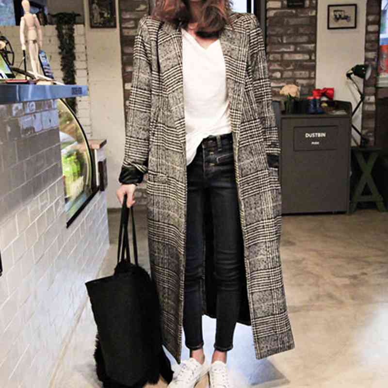 Long Wool Coat Women Casual Fashion Loose Winter Warm Plaid Coat Vintage Elegant Pocket Blend Trench Ladies Outwear Jacket 210414