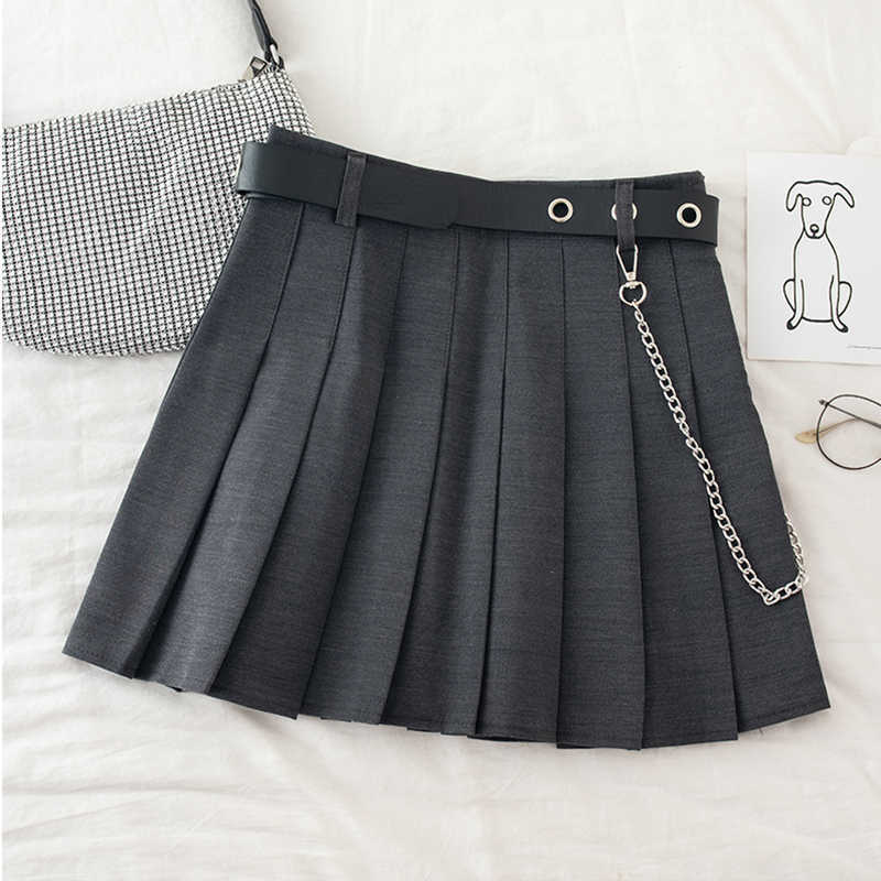 Black Pleated Skirt With Chain-Belt Punk Rock Girl Cheerleading Belted Mini Alt Women e-girl Outfit 210619