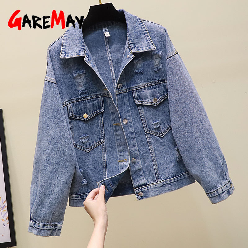 Women Embroidery Flowers Denim Jacket Turn-down Collar Jean for Loose Casual Ripped Holes Coat Female Outwear 210428