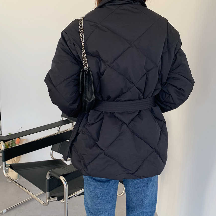 Autumn Winter Argyle Pattern Women Stand Collar Oversized Down Jacket Fashion Single-breasted Solid Parka Lace-up Chic Coat 211007