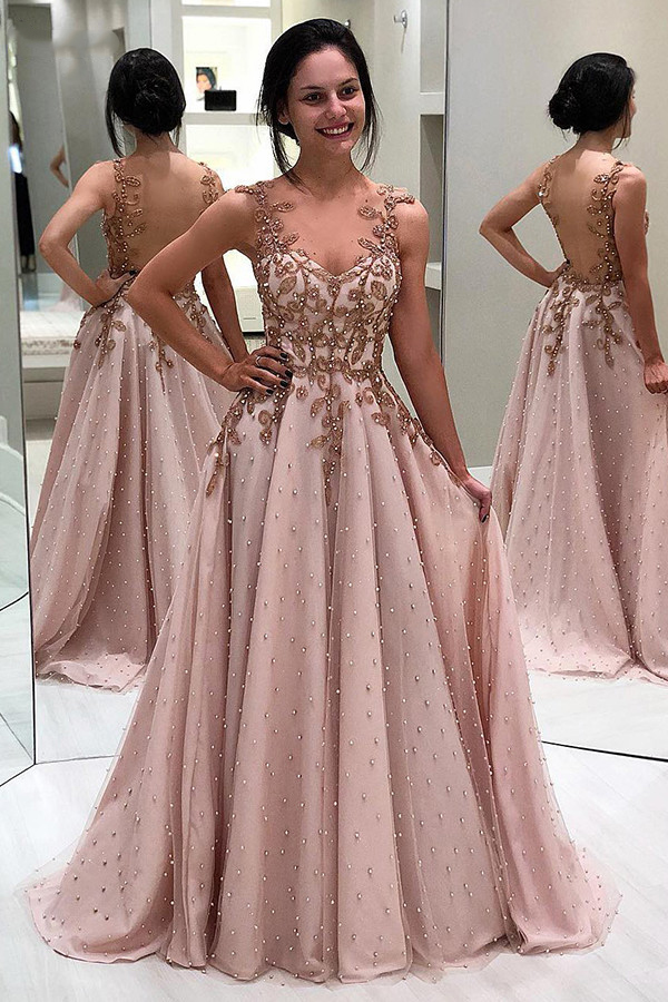 Sweetheart Amazing A-line Appliques Pearls Prom Dresses Long Illusion Backless Floor Length Evening Gown Pink Formal Dress 2021