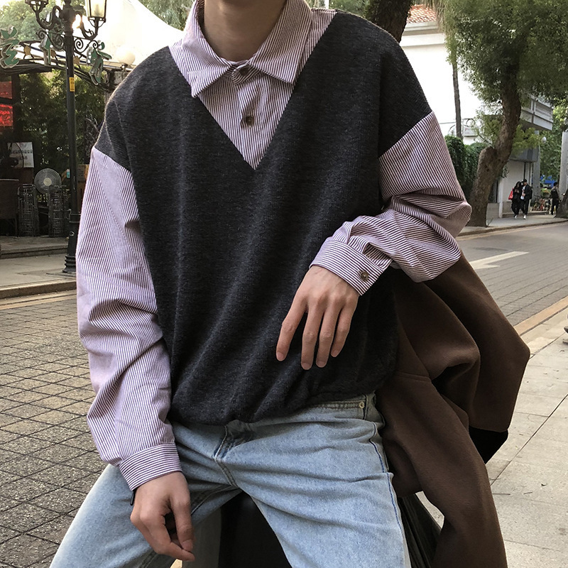 IEFB /men's Wear False Two Pieces Shirts Male Spring Color Block Korean Fashion Pullovers Tops Loose Personality 9Y1056 210524