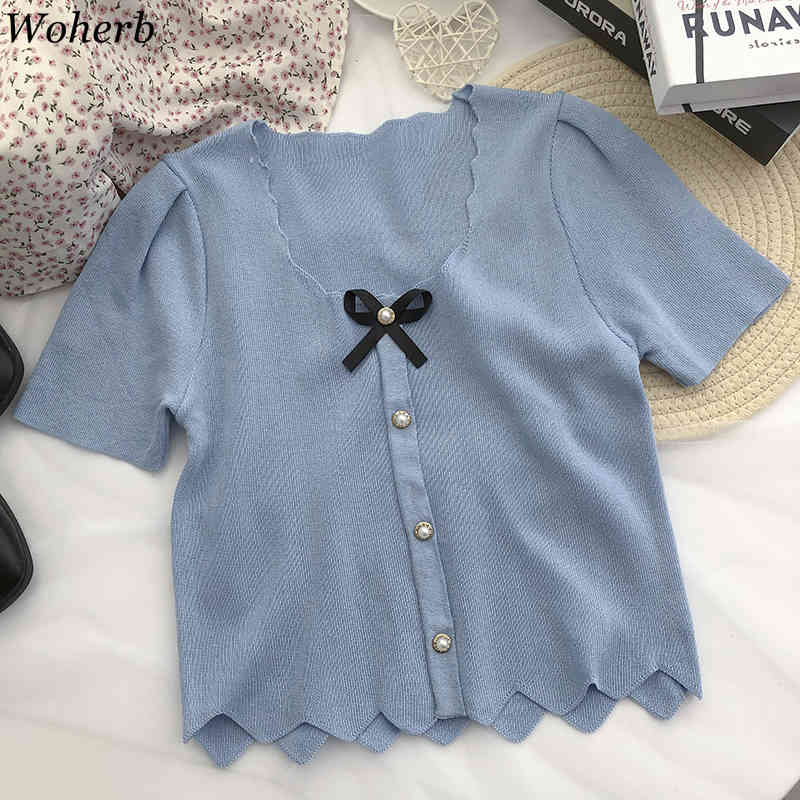 Korean Vintage Knitted Pullover Tops Summer Women Short Sleeve Single Breasted Kntiwear Sweater Elegant Ladies Jumpers 210519