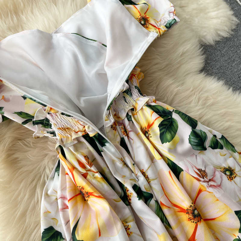 DEAT Women Printing Pleated Midi-long Dress Square Collar Short Sleeve Temperament Fashion Spring Summer 11D609 210709