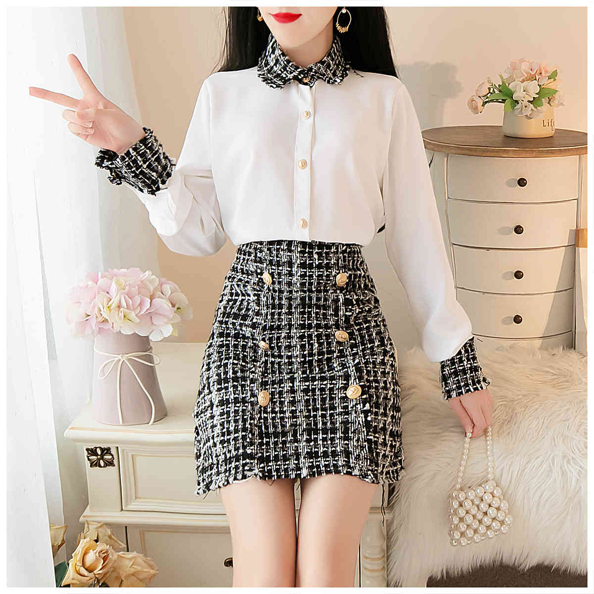 Women Spring Two Piece Set Casual Long Sleeve Fashion White Blouse +Double Breasted Wool Tweed Plaid Skirt Suit 210520