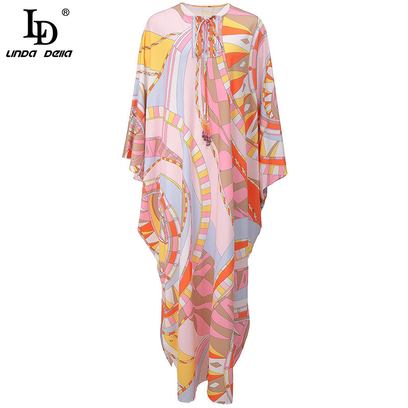 Summer Bohemian Floor Length Loose Dress Women Knitting Silk Print Elegant Maxi Long Robe Gown 210522