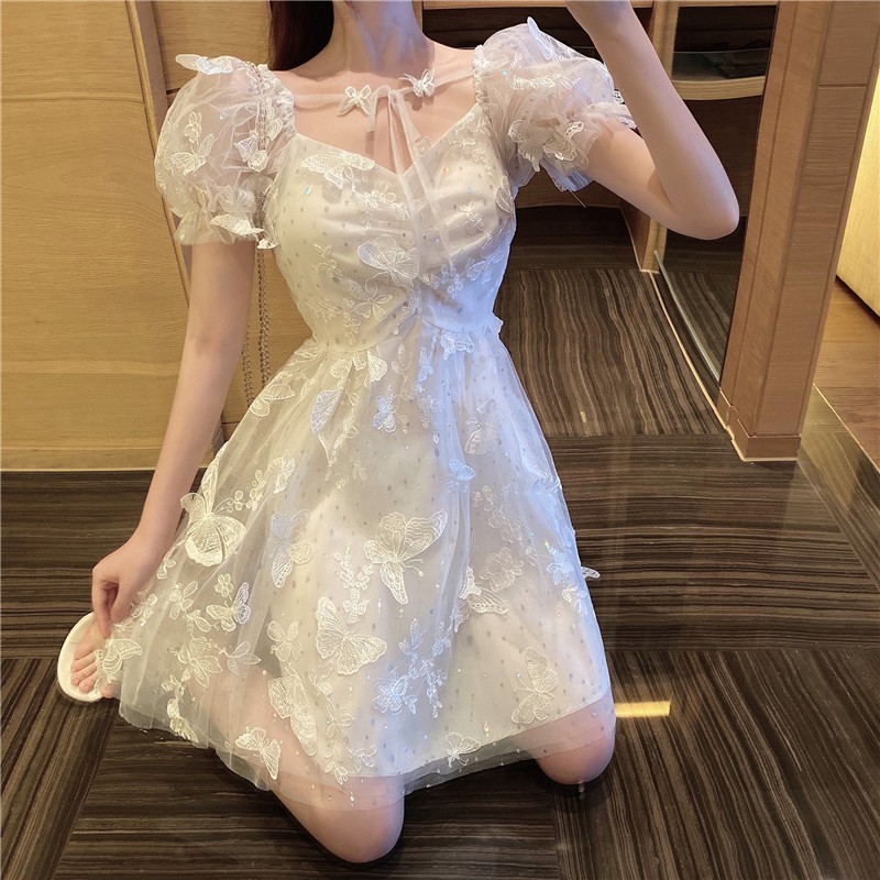 Elegant Women White Mini Dress Summer Sexy Tulle Short Sleeve Sweet Butterfly Party Dress Lady Vestidos 210518