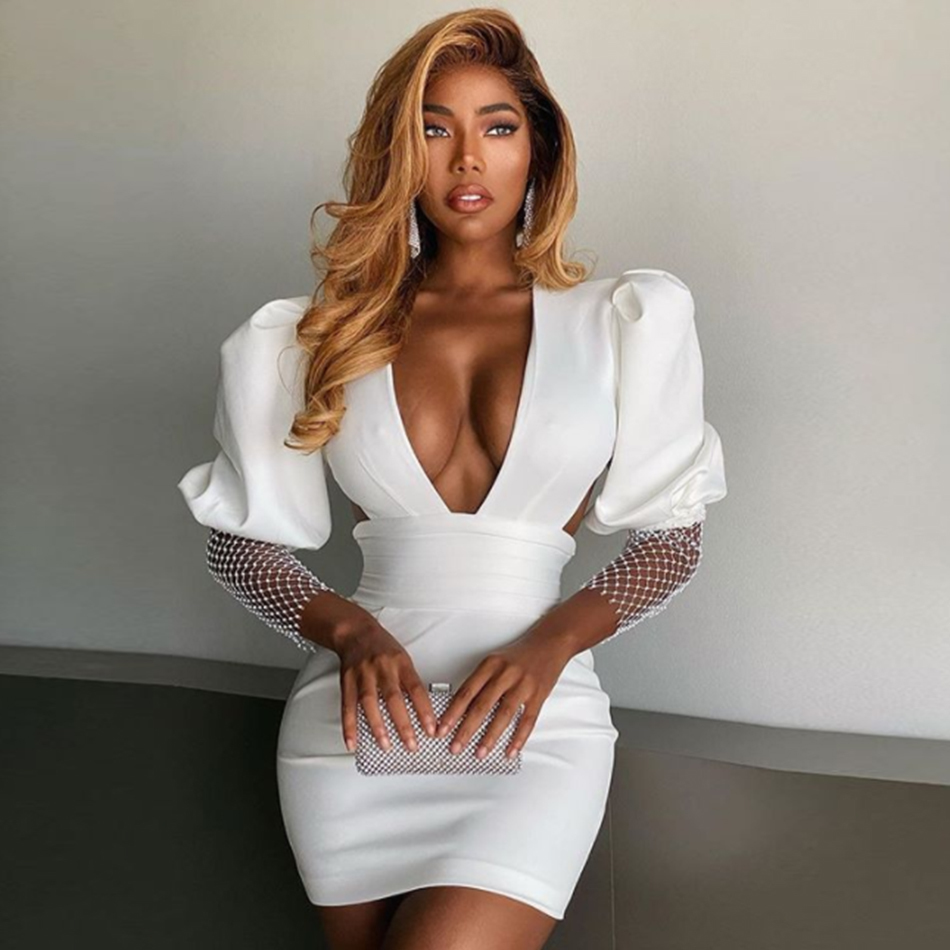 Summer Women White Backless Bodycon Club Dress Sexy V Neck Hollow Out Lantern Long Sleeve Celebrity Runway Party 210423