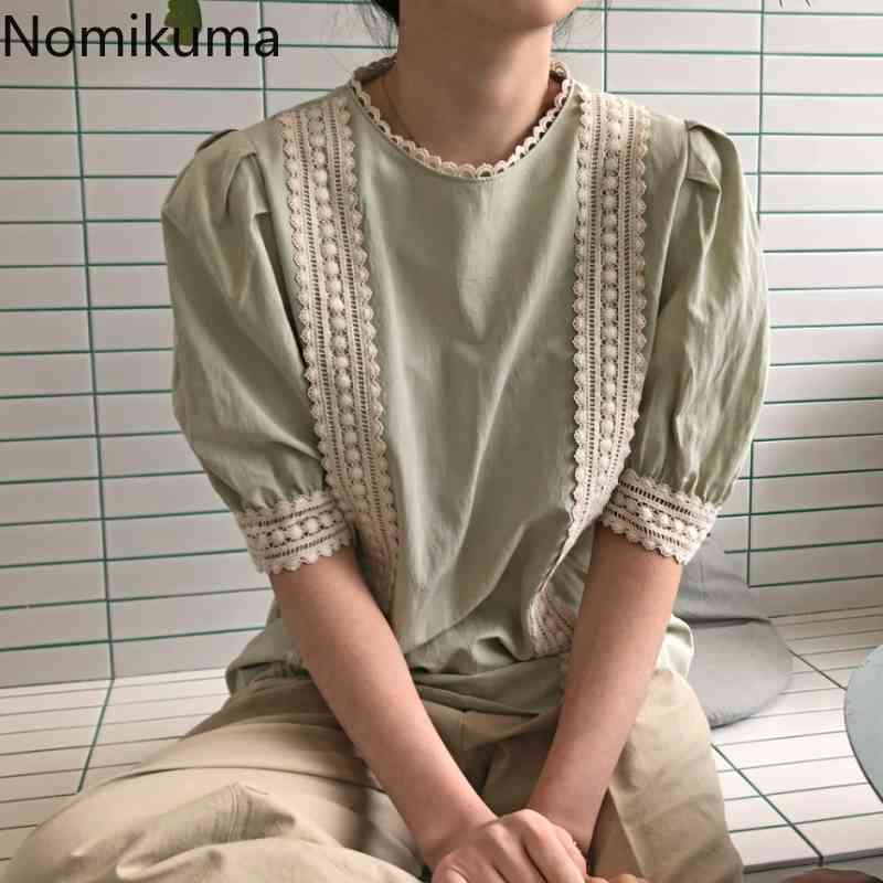 Nomikuma Lace Patchwork Blouse Women Summer Puff Sleeve Shirts Causal O-neck Korean Blusas Mujer De Moda 6H499 210427