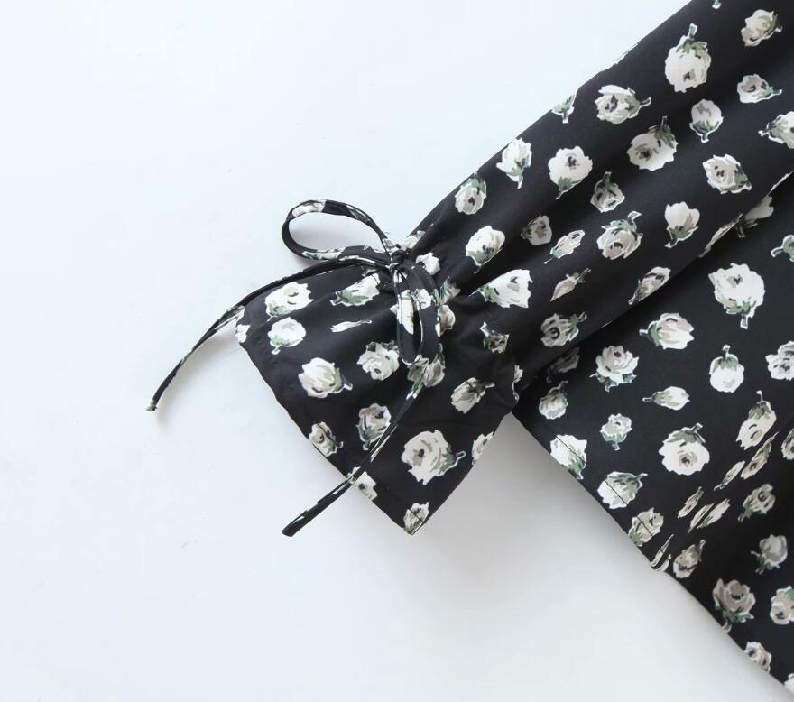 Spring CHIC Spliced Lace White Flower Print Shirt Black Women Single-breasted buttons Tie Bow Cuff Blouse Girl's Tops 210429