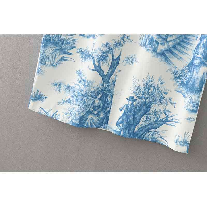 elegant women blue and white printing skirts fashion ladies side slit female button girls chic 210430