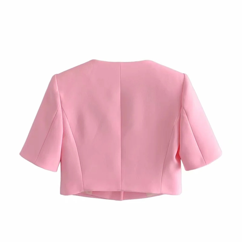 Elegant Women Pink Tweed Cropped Blazer Jacket Summer Single Breasted Double Pockets Short Sleeve Jacket Coat Chic Tops 210521