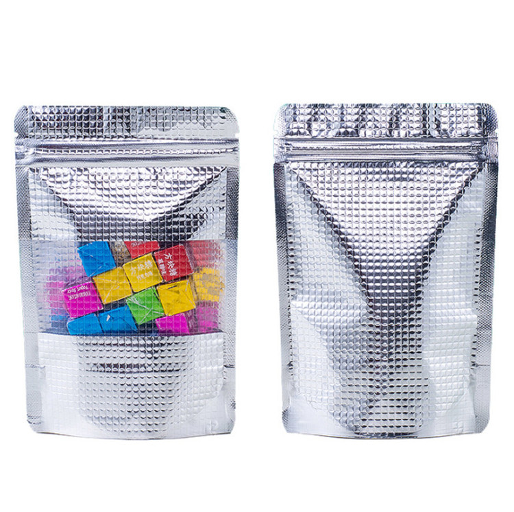 100pcs Stand up Embossed Silver Aluminum Foil Window Zip Lock Bag Resealable Visiable Display Food Snack Coffee Meat Dried Fruits Nuts Beans Packaging