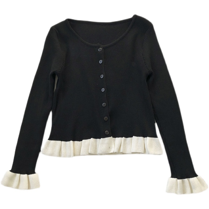 Kimutomo Casual Patchwork Fungus Thin Cardigans Women French Style Spring Female O-neck Single Breasted Short Top 210521