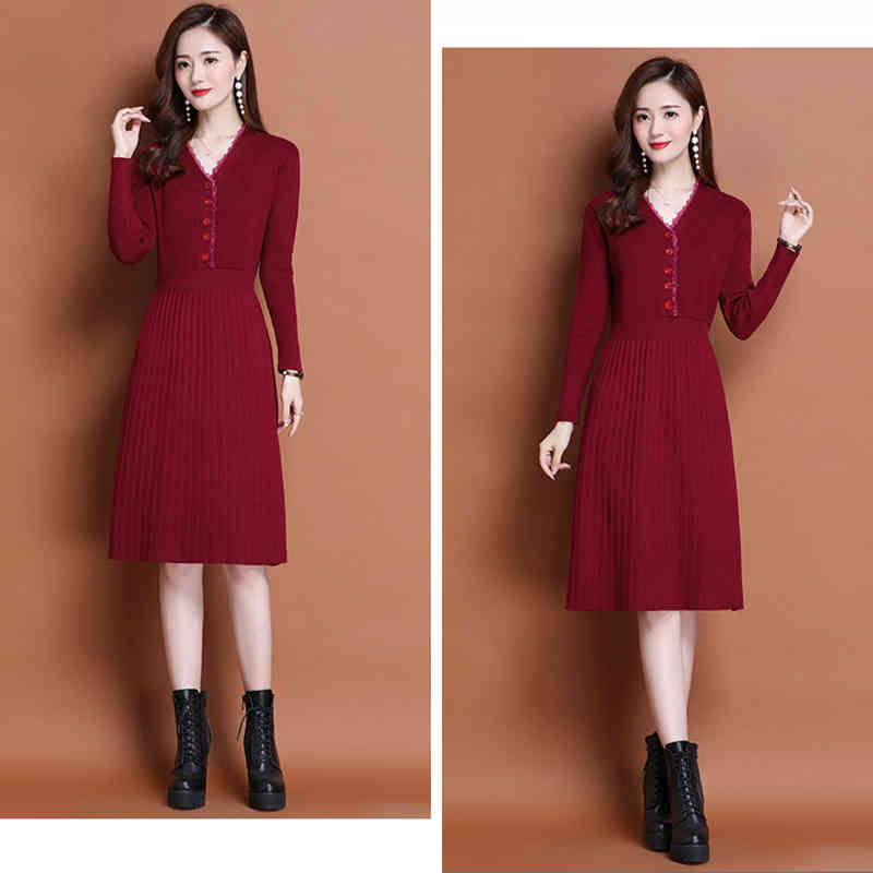 Lace Patchwork V-Neck Slim Waist Stretch Knitted Dress Women Button Decorations Knee-Length Lady Long Sleeve Knitwear Dresses 210522