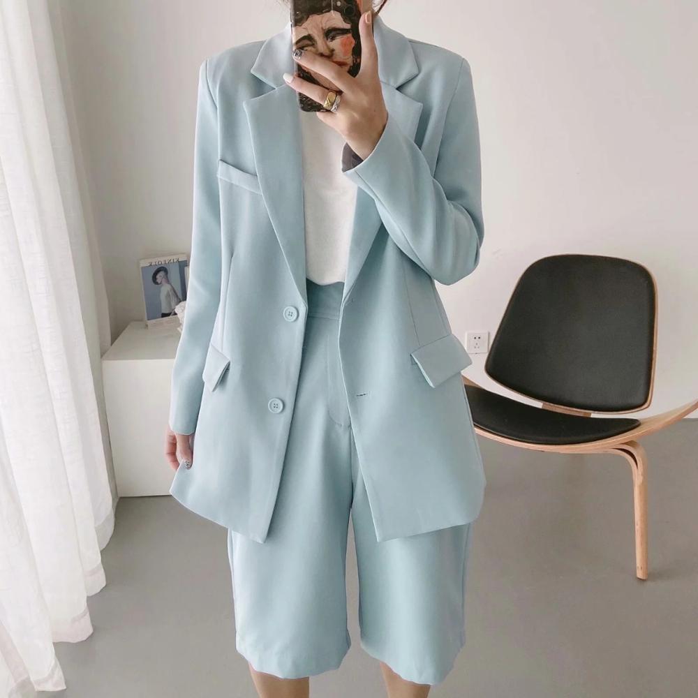 Autumn 70s Boyfriend Women Long Blazer Lavender Loose High Waist Knee Length Wide Leg Pants Sleeve Suits 2 Pieces Set 210429