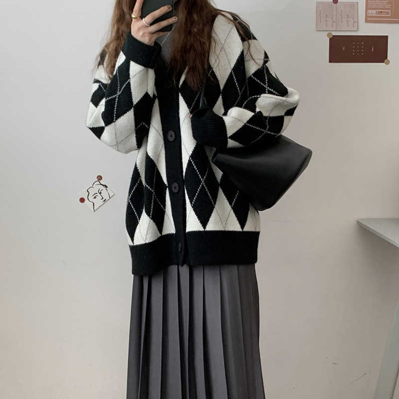 Knitted Sweater Cardigan Woman Coat Diamond Jumpers Long Sleeve Top Female Loose Pink Black Argyle Women Antumn 210914