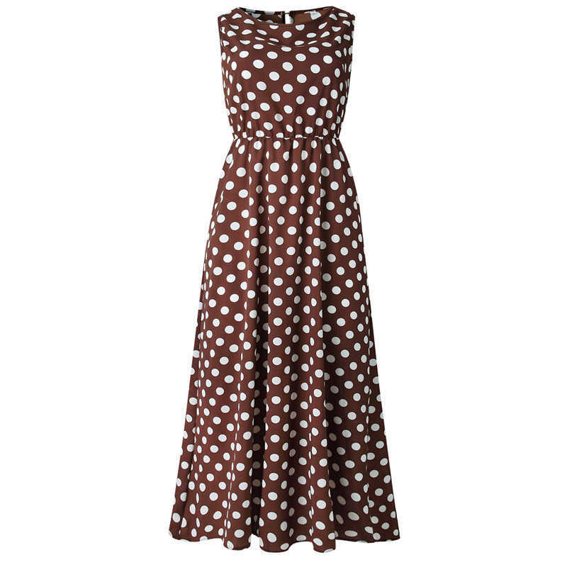 Sleeveless Brown Polka Dot Maxi Dress Women's Summer es Vintage Sundress A Line Boho Elegant Loose Casual Long 210526