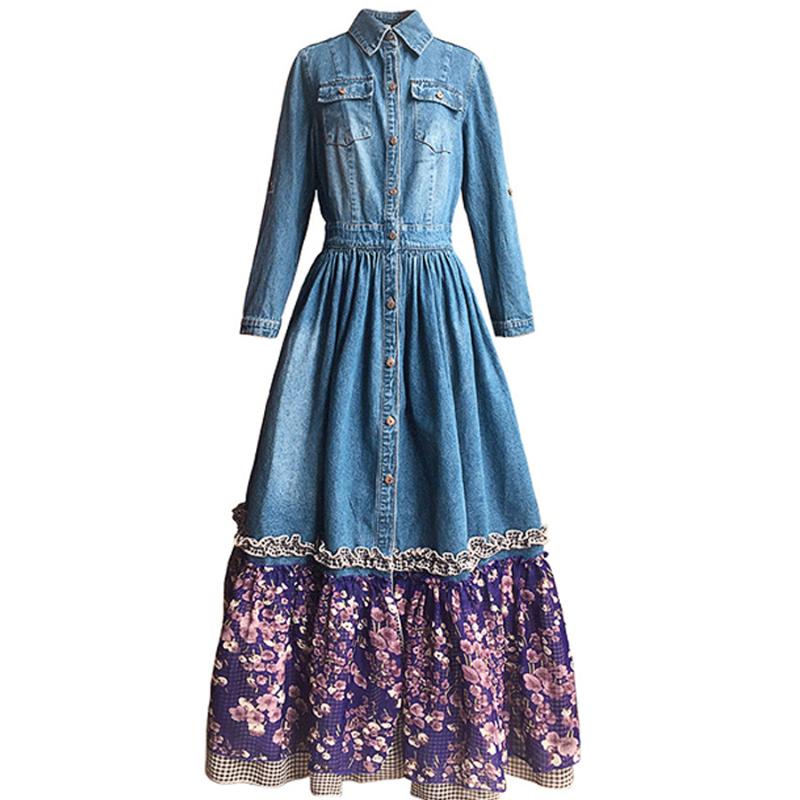 Casual Dresses High Quality 2021 Bohemian Long Maxi Denim Chiffon Patchwork Spring Boshow Three Quarter Sleeve Jeans Dress With Flower Belt