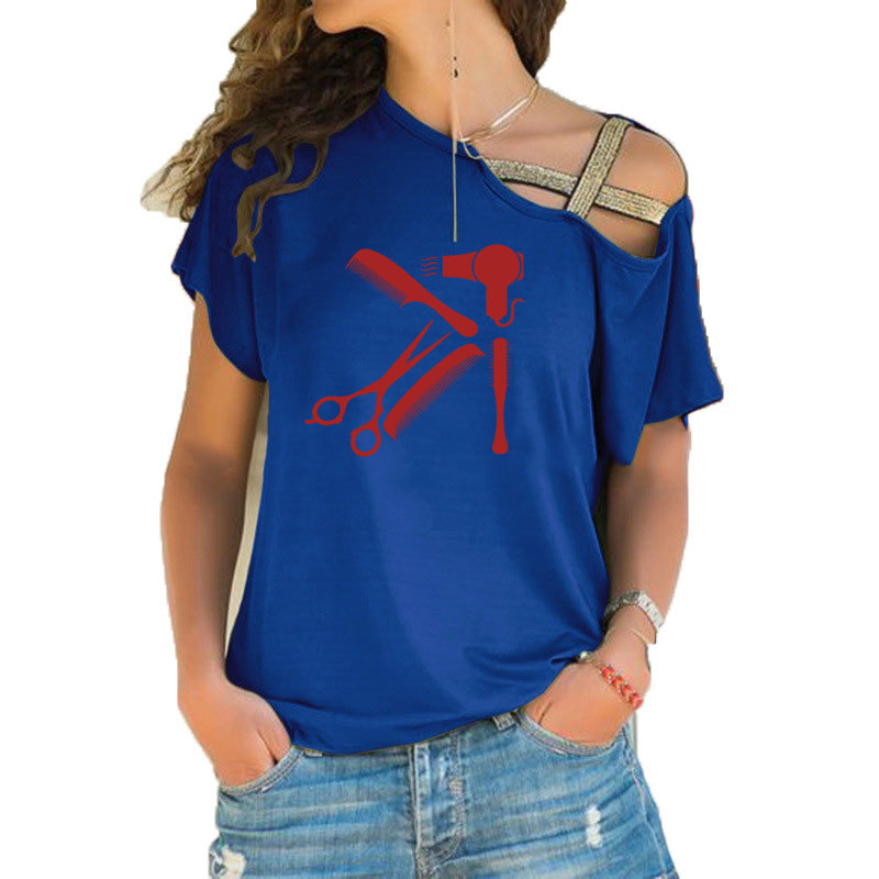 New Art Hair salon Tee Shirt Hairstyle Barber Shirt funny women tumblr fashion new Irregular Skew Cross Bandage style tee tops 210406