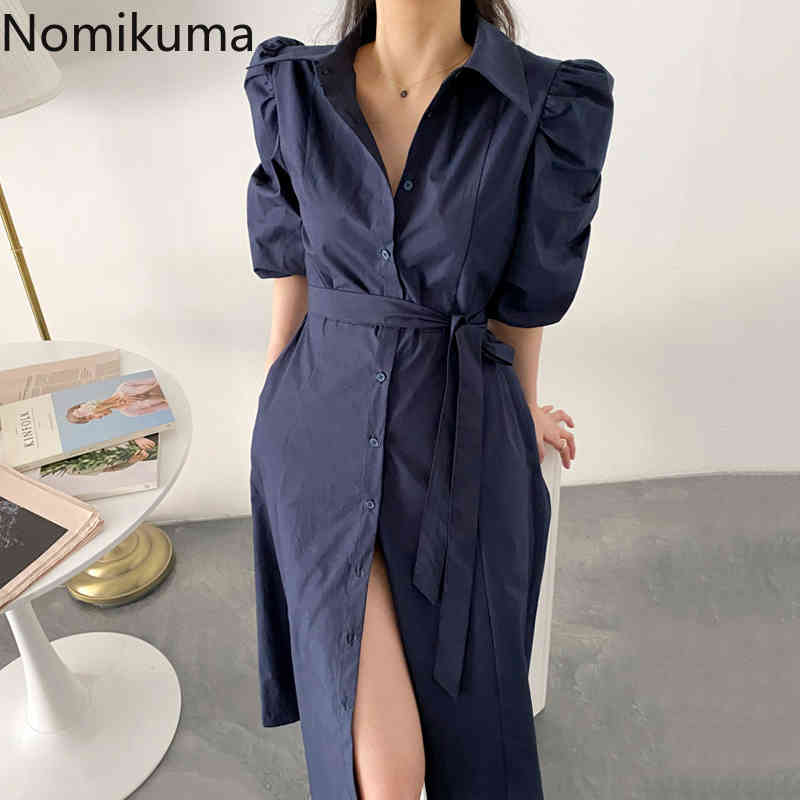 Nomikuma Causal Women Blouse Dress Lace Up Slim Waist Elegant Korean Dresses Puff Sleeve Single Breasted Vestidos De Mujer 6H074 210427