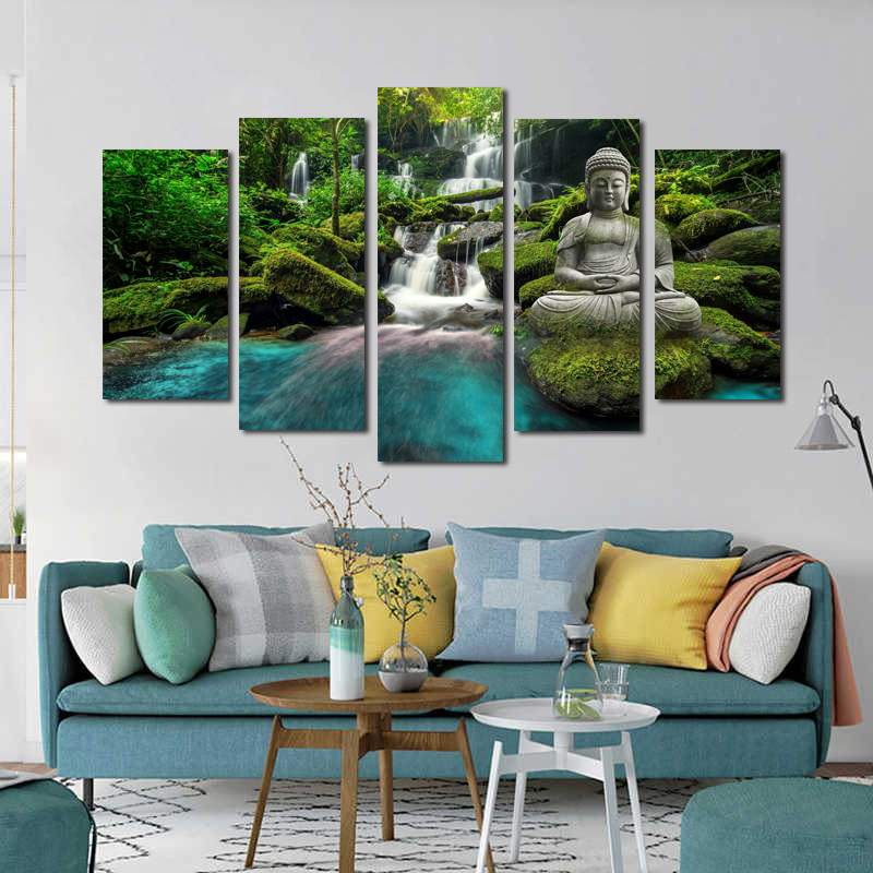 5 Panels Waterfall Buddha Posters And Prints Canvas Painting Big Size Wall Art Pictures For Living Room Landscape Home Decor