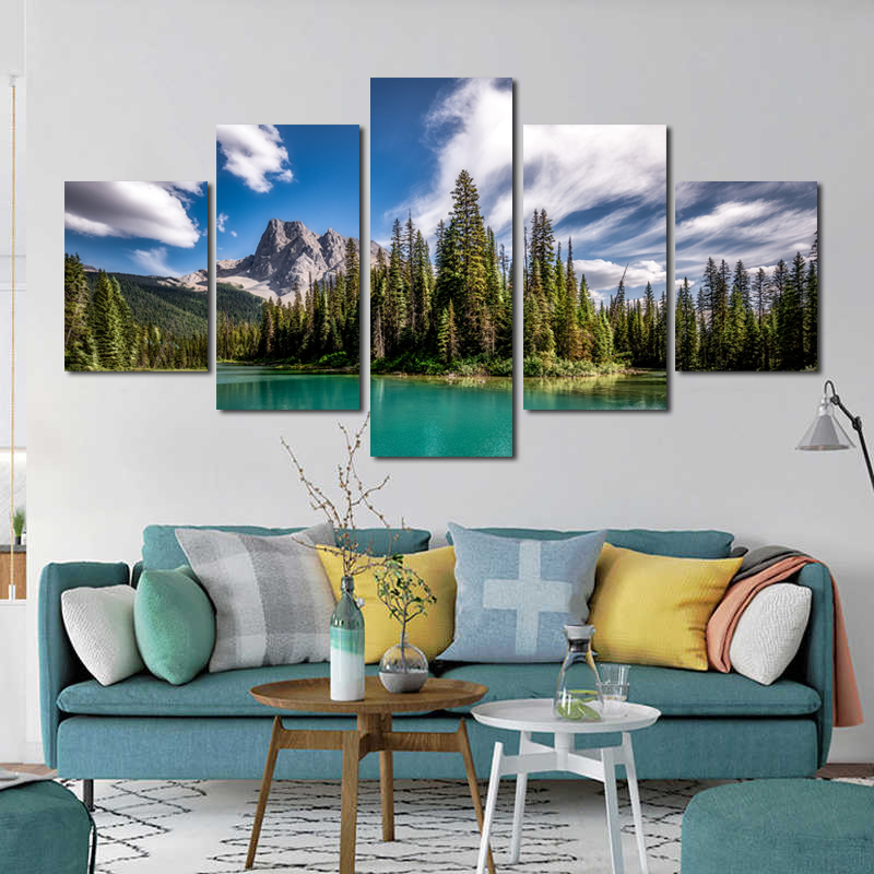 5 Pieces Mountain Lake Poster Canvas Painting Home Decor Wall Art Pictures For Living Room Sky Clouds Tree Indoor Decorations