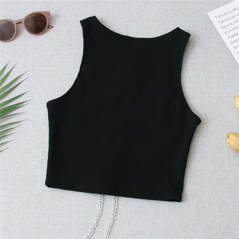 Sexy Woman Black Slim Hollow Out Crop Tops Summer Fashion Y2K Chain Patchwork Top Ladies Stretchy Lacing Knit Vest 210515
