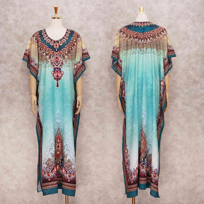 Plus Size Bikini Cover-ups Quick-drying Fabric Green Boho Printed Side Split Beach Wear Dress For Women Swim Suit Cover Up Q1172 210420
