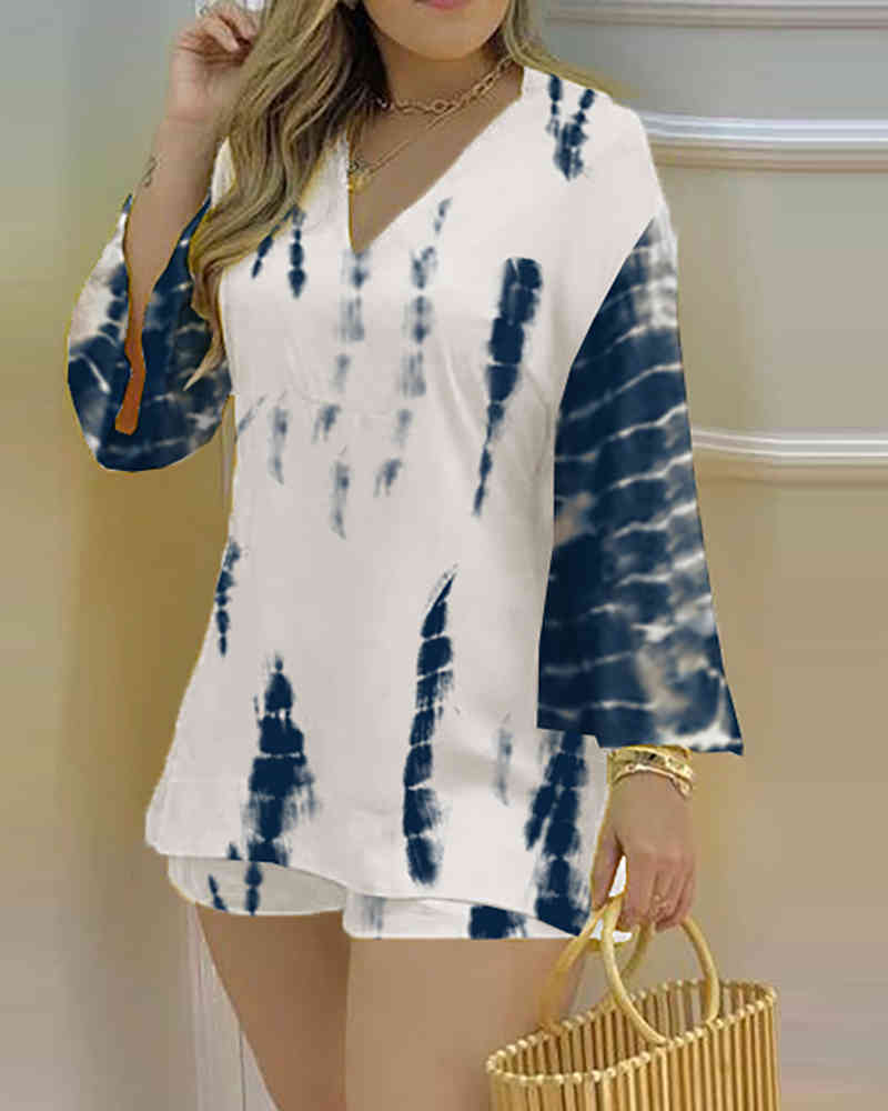 Summer Women Plain Bell Sleeve V-Neck Top & Shorts Set New Femme 9 Styles Casual Long Sleeve Blouse & Short Pants Suits 210415