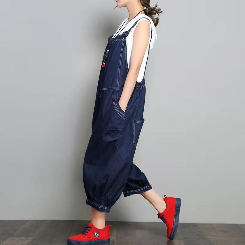 Arrival Spring/summer Women Loose Casual All-matched Wide Leg Pants Cotton Denim Calf-length Braces Jumpsuit W36 210512