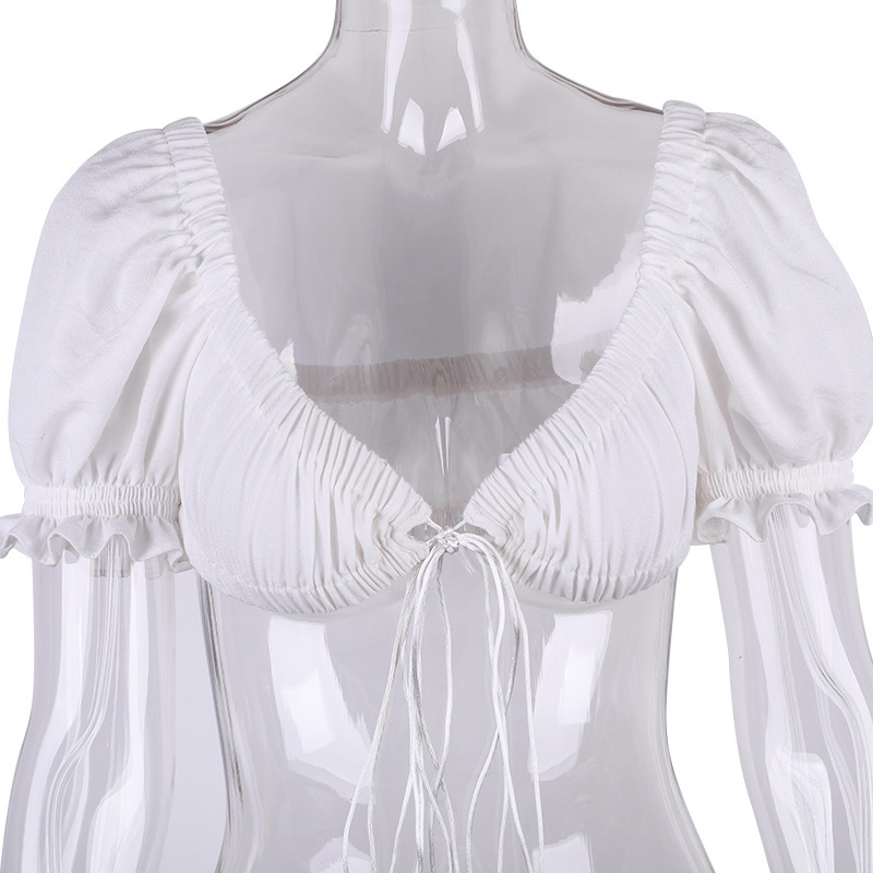 women white crop top puff sleeve lace up chic blouse tops sexy solid party backless black ruffle shirts 210427