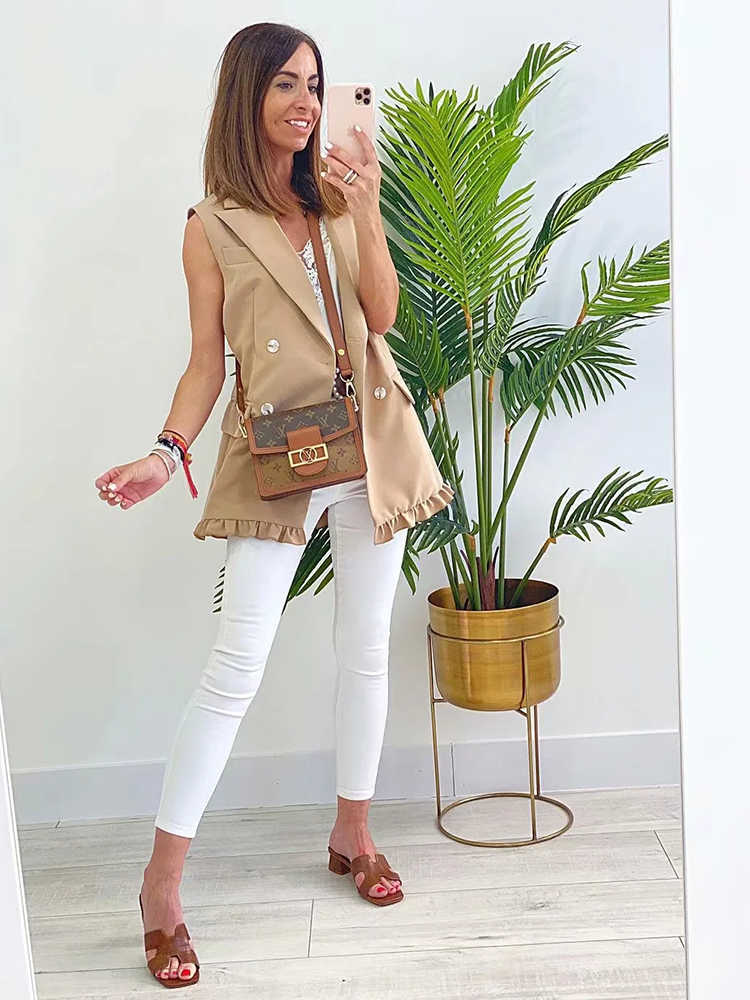 SLMD Stylish Chic Khaki Ruffles Double Breasted Vest Coat Women Fashion Pockets Waistcoat Female Casual Outfitsar 210915