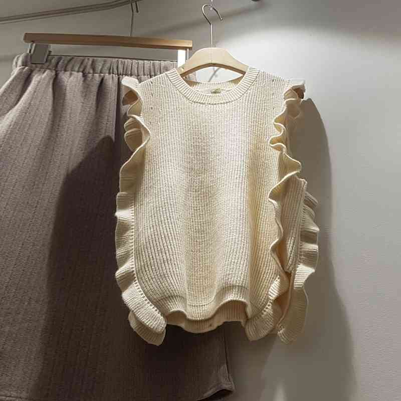 Nomikuma Ruffle Sleeveless Knitted Pullover Tops Causal O-neck Women Sweater Spring New Korean Pull Top Jumpers 6E002 210427