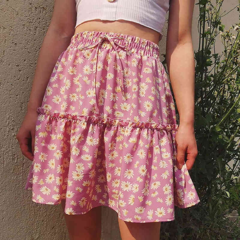 Foridol Floral Mini Skirt Women Ruffle Chic Casual Beach Skirt Summer High Waist Holiday Short Skirt Faldas 210415