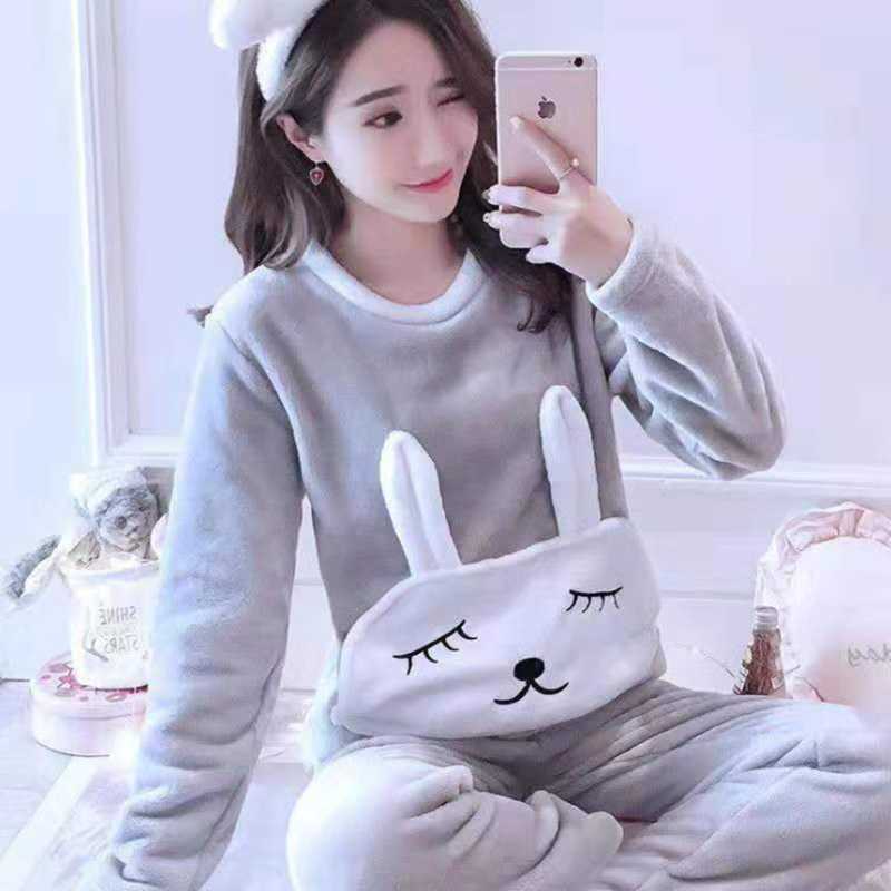 Autumn Winter Warm Women's Pajamas Sets Thick Flannel Coral Velvet Long Sleeve Cartoon Sleepwear Pijamas Trouser Suits Girl 210924