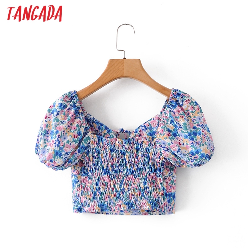 Women Retro Print Crop Short Sleeve Summer Chic Female Sexy Slim Shirt Tops 2M127 210416