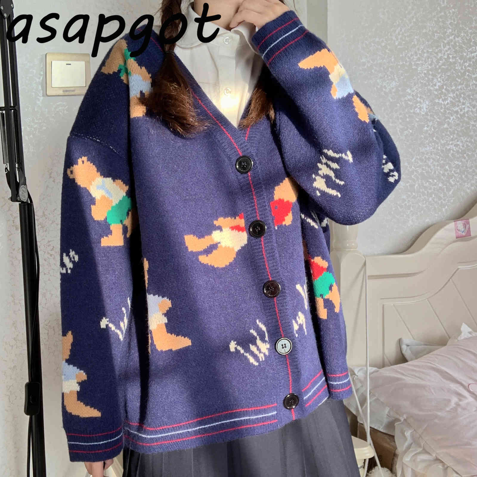 4style Vintage Japan Style Loose V Neck Pink Peach Knitted Cardigan Jacket Autumn Winter Sweet Girls Knitwear Top Fashion Print 210429