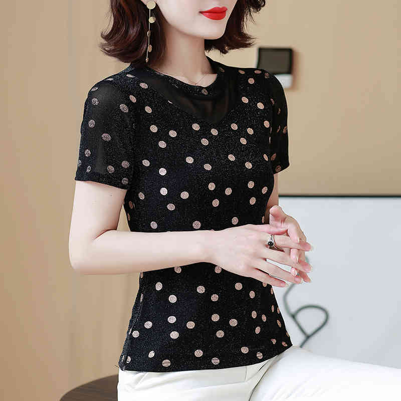Summer Short-Sleeve Shirts Women Casual Polka Dot Mesh Tops Blouse Plus Size 4XL Pullover Clothes Blusas 9157 50 210506
