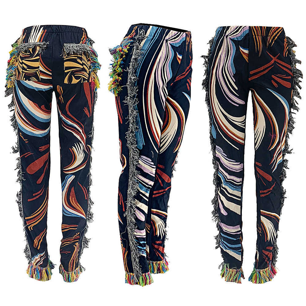 CM.YAYA Autumn Spring Women Pants High Waist Activewear Pencil Trousers Sporty Print Tassel Jogger Sweatpants 210830