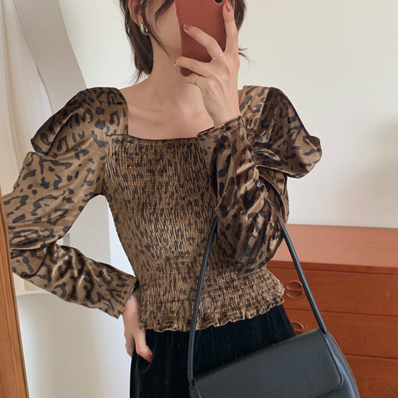 Nomikuma Women Velour Blouse Puff Long Sleeve Square Collar Korean Shirt Autumn Stretch Slim Short Top Blusas Femme 6C970 210427