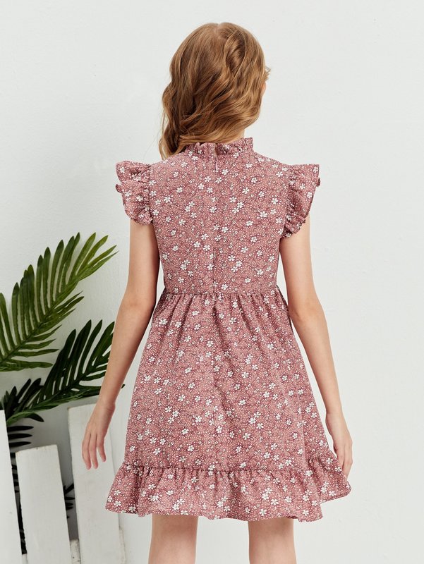 Girls Ditsy Floral Butterfly Sleeve Ruffle Hem Dress SHE